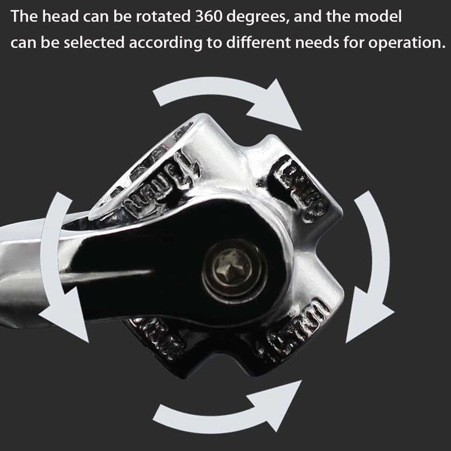 Universal wrench with an adjustable swivel head, perfect for quick repairs.