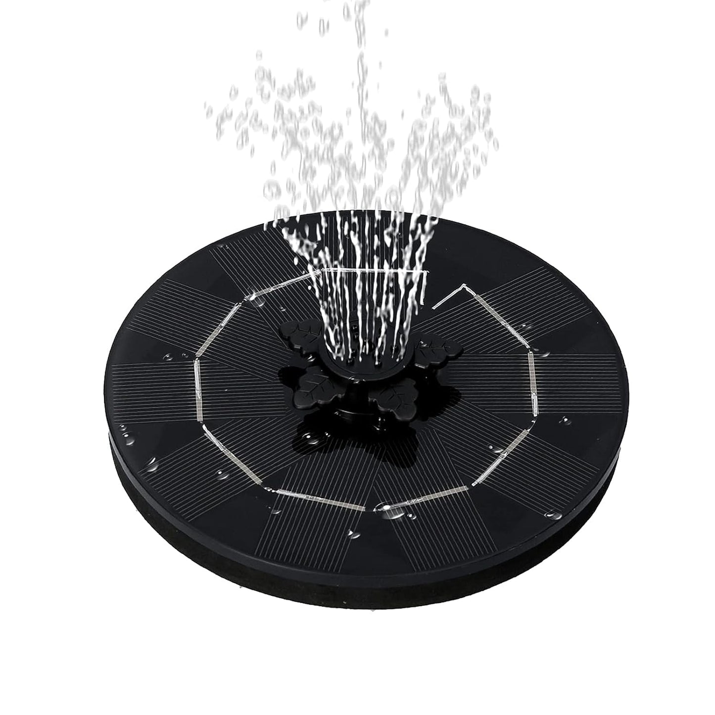 The solar floating water fountain demonstrating a wide, gentle spray pattern in a garden pool.