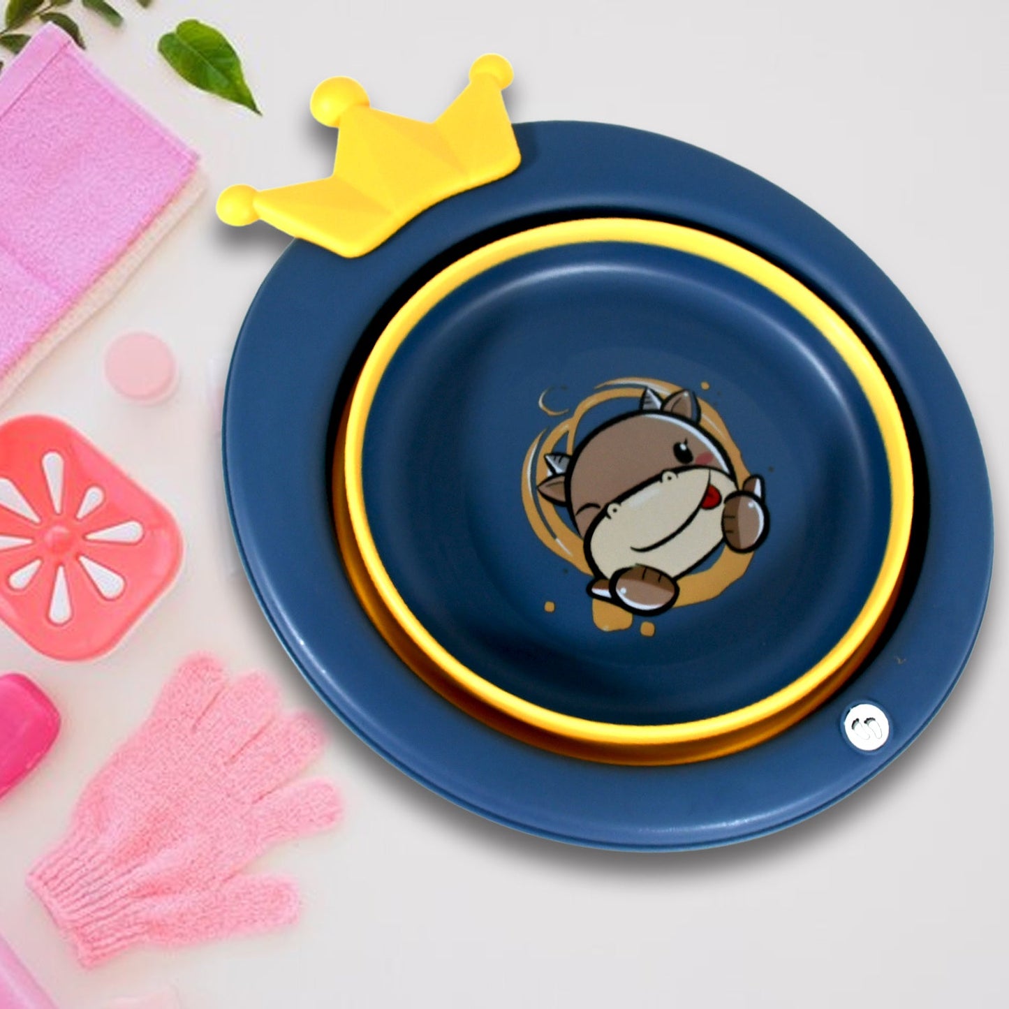 Multiple folded cartoon baby wash basins neatly stacked for efficient storage.