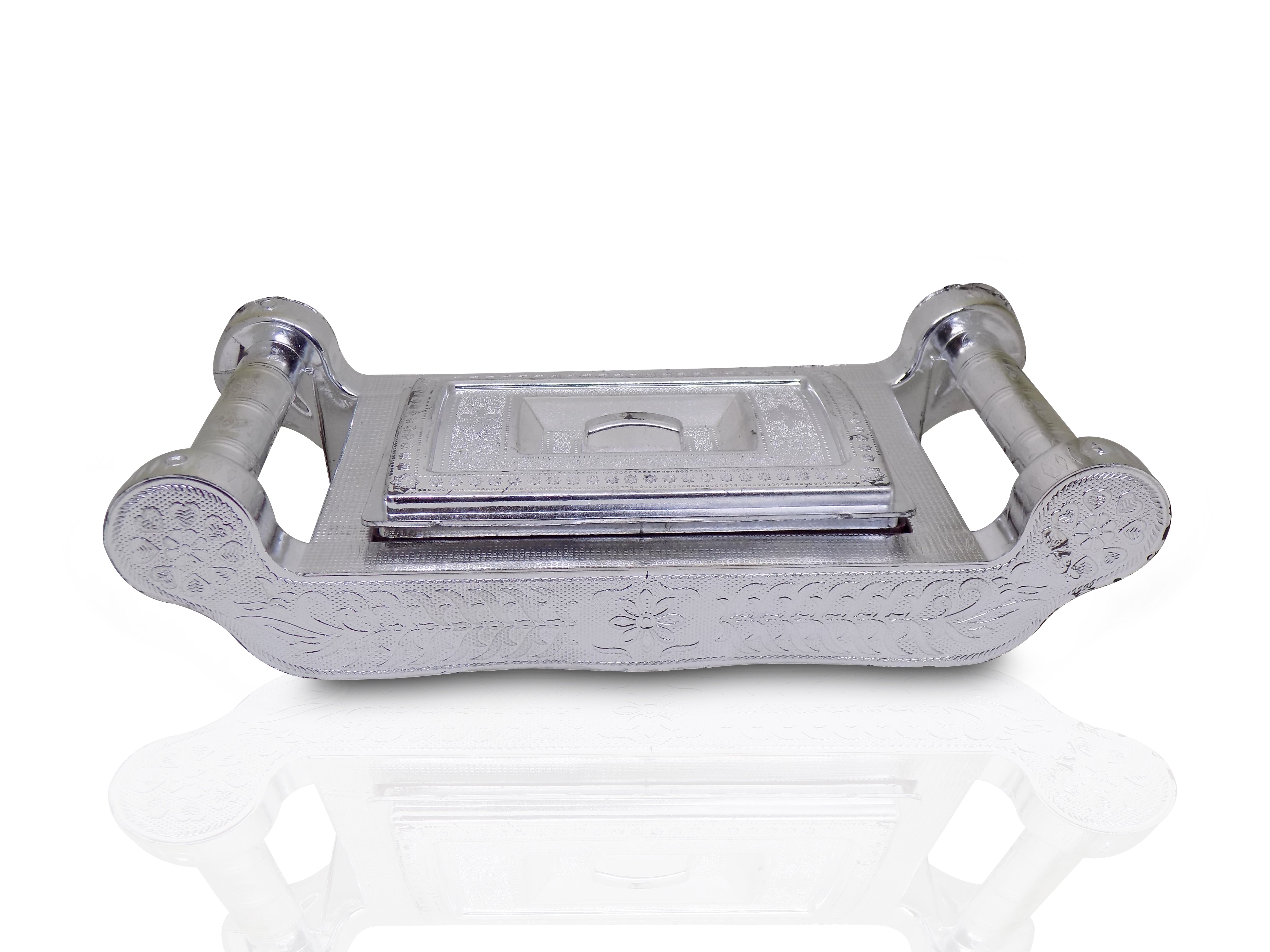 Elegant silver storage box with four sections for gifts and dry fruits.