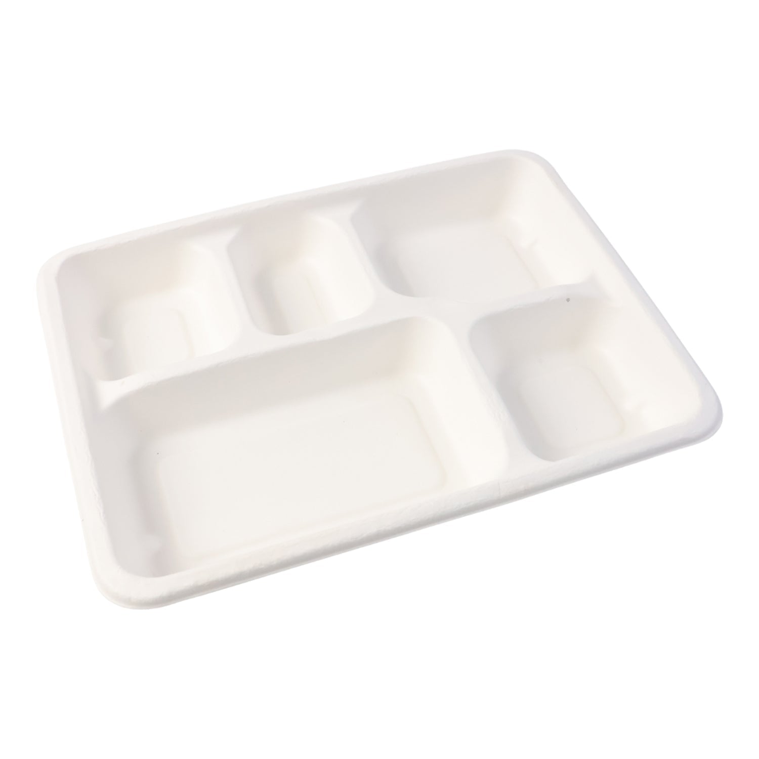Disposable food-serving tray made from natural bagasse with five compartments